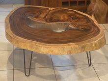 Load image into Gallery viewer, Coffee Table, Round Acacia Saur wood large  112 cm across 91cm width and 9 cm thick, glass inlay feature