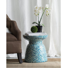 Load image into Gallery viewer, Hourglass Inlay Stool - Blue Side table stool shell inlay mother of pear