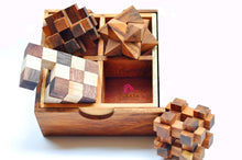 Load image into Gallery viewer, 4 individual brainteaser wooden puzzles in a gift wooden box.