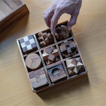 Load image into Gallery viewer, Brain teaser wood puzzle gift box - 9 hand made mechanical puzzle set, Father’s Day, birthdays gift, anniversaries gift, graduations gift in a Deluxe Gift Box V2