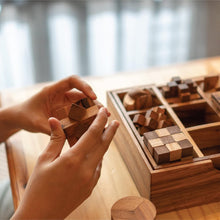 Load image into Gallery viewer, Brain teaser wood puzzle gift box - 9 hand made mechanical puzzle set, Father’s Day, birthdays gift, anniversaries gift, graduations gift in a Deluxe Gift Box V2