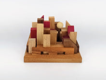 Load image into Gallery viewer, Brainteaser puzzle- City Planner brain teaser puzzle, wood, handmade 3D puzzle-remove shapes and try rebuild your city.
