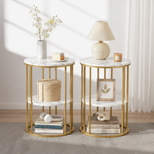 Load image into Gallery viewer, Artiss Side Table Set of 2 Marble Effect Round Coffee Table 2 Tier End Bedside Table Nightstand White&Gold