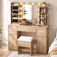 Load image into Gallery viewer, Artiss Dressing Table Vanity Desk LED Mirror Stool Set Charging Station Glass Top Rotating Shelf Wood