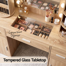 Load image into Gallery viewer, Artiss Dressing Table Vanity Desk LED Mirror Stool Set Charging Station Glass Top Rotating Shelf Wood