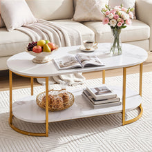Load image into Gallery viewer, Artiss Coffee Table 2 Tier Oval Marble Finish Storage Shelf Metal Frame Center Table Living Room 100x50x45cm White & Gold