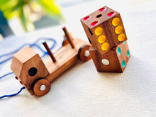 Load image into Gallery viewer, Toy wooden pull along pretend play toy truck with dice set