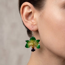 Load image into Gallery viewer, Real Flower Orchid Petal Earrings – Vibrant Green Round Flower Botanical Jewelry