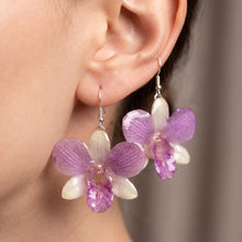 Load image into Gallery viewer, Real Flower Orchid Petal Earrings – Vibrant Pink White Round Flower Botanical Jewelry