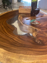 Load image into Gallery viewer, Coffee Table, Round Acacia Saur wood large  112 cm across 91cm width and 9 cm thick, glass inlay feature