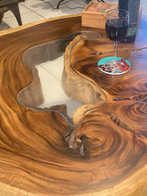Load image into Gallery viewer, Coffee Table, Round Acacia Saur wood large  112 cm across 91cm width and 9 cm thick, glass inlay feature