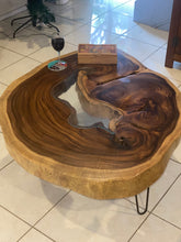 Load image into Gallery viewer, Coffee Table, Round Acacia Saur wood large  112 cm across 91cm width and 9 cm thick, glass inlay feature