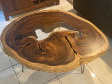 Load image into Gallery viewer, Coffee Table, Round Acacia Saur wood large  112 cm across 91cm width and 9 cm thick, glass inlay feature
