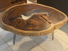 Load image into Gallery viewer, Coffee Table, Round Acacia Saur wood large  112 cm across 91cm width and 9 cm thick, glass inlay feature