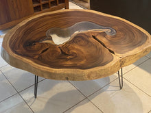 Load image into Gallery viewer, Coffee Table, Round Acacia Saur wood large  112 cm across 91cm width and 9 cm thick, glass inlay feature