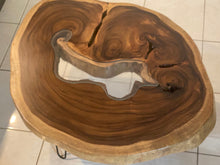Load image into Gallery viewer, Coffee Table, Round Acacia Saur wood large  112 cm across 91cm width and 9 cm thick, glass inlay feature