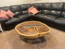 Load image into Gallery viewer, Coffee Table, Round Acacia Saur wood large  112 cm across 91cm width and 9 cm thick, glass inlay feature