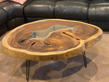 Load image into Gallery viewer, Coffee Table, Round Acacia Saur wood large  112 cm across 91cm width and 9 cm thick, glass inlay feature