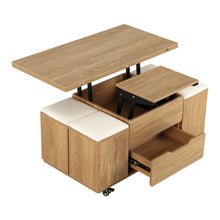 Load image into Gallery viewer, Fittro 3-in-1 Lift Top Coffee Table with 4 Chairs, Dining Table Work Desk Built-in Storage, Hydraulic Swivel, Lockable Castors, Space-Saving for Living Rooms & Flats, Apartments