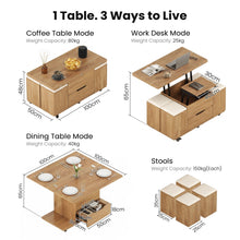 Load image into Gallery viewer, Fittro 3-in-1 Lift Top Coffee Table with 4 Chairs, Dining Table Work Desk Built-in Storage, Hydraulic Swivel, Lockable Castors, Space-Saving for Living Rooms & Flats, Apartments