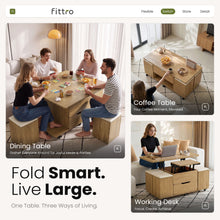Load image into Gallery viewer, Fittro 3-in-1 Lift Top Coffee Table with 4 Chairs, Dining Table Work Desk Built-in Storage, Hydraulic Swivel, Lockable Castors, Space-Saving for Living Rooms & Flats, Apartments
