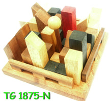 Load image into Gallery viewer, Brainteaser puzzle- City Planner brain teaser puzzle, wood, handmade 3D puzzle-remove shapes and try rebuild your city.