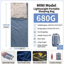 Load image into Gallery viewer, Ultralight 1.5lbs Sleeping Bag 50-70°F for Warm Weather
Waterproof nylon shell, breathable polyester fill, 2-way zipper for double bag use, machine washable, for teens & adults(Olive Green)