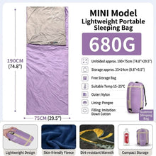 Load image into Gallery viewer, Ultralight 1.5lbs Sleeping Bag 50-70°F for Warm Weather
Waterproof nylon shell, breathable polyester fill, 2-way zipper for double bag use, machine washable, for teens & adults(Olive Green)