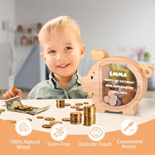Load image into Gallery viewer, Wooden Piggy Bank for Kids Cute Money Bank for Boys and Girls Clear Wood Money Box Personalized Saving Money Jar, Creative Present for Children Birthday Chrismas & Decor (Naturl Wood, Standard)
