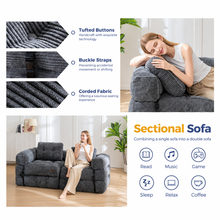 Load image into Gallery viewer, Foldable Corduroy Sofa Bed with Quilted Buttons and Pillow, Convertible Lounger for Reading, Gaming, Napping, and Relaxing at Home (Pink)
