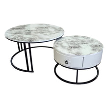 Load image into Gallery viewer, Snowy Mountain Faux Modern Marble Slate Nesting Coffee Table Set Leather Wrapped Wood Drawers