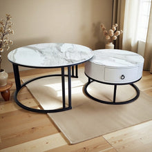 Load image into Gallery viewer, Snowy Mountain Faux Modern Marble Slate Nesting Coffee Table Set Leather Wrapped Wood Drawers
