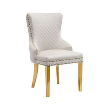 Load image into Gallery viewer, Set of 2 Beige Velvet Dining Chairs – Button Studded Ring Back Design Golden Legs