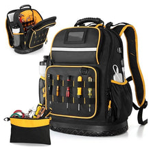 Load image into Gallery viewer, Heavy Duty Professional Tool Backpack - 18 Inch Large Capacity - Waterproof Solid Rubber Base, Multi-Pocket Organiser and Reflective Strips for Electricians, HVAC and Trades