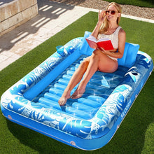 Load image into Gallery viewer, 180x118CM Blue Deluxe Inflatable Suntan Tub & Floating Pool Lounger with Dual Integrated Cup Holders and Pillow - Portable Sunbathing Pool for Lawn & Water