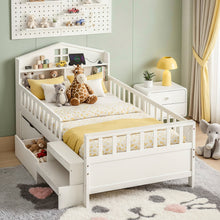 Load image into Gallery viewer, Artiss Single Bed Frame with 2 Storage Drawers, Montessori Bed with Headboard, 2 USB Ports & Led Light, Solid Wood Platform Bed Base with Safety Rail & Ladder, 31CM Under-Bed Storage, White