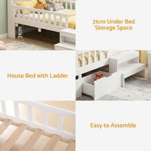 Load image into Gallery viewer, Artiss Single Bed Frame with 2 Storage Drawers, Montessori Bed with Headboard, 2 USB Ports & Led Light, Solid Wood Platform Bed Base with Safety Rail & Ladder, 31CM Under-Bed Storage, White
