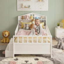 Load image into Gallery viewer, Artiss Single Bed Frame with 2 Storage Drawers, Montessori Bed with Headboard, 2 USB Ports & Led Light, Solid Wood Platform Bed Base with Safety Rail & Ladder, 31CM Under-Bed Storage, White