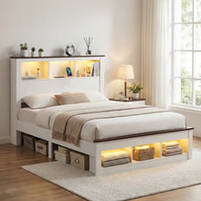 Load image into Gallery viewer, Artiss Double Bed Frame with Storage Bookcase Headboard and Footboard White Wooden Platform Bed with Charging Station and Led Light Bedroom Furniture