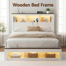 Load image into Gallery viewer, Artiss Double Bed Frame with Storage Bookcase Headboard and Footboard White Wooden Platform Bed with Charging Station and Led Light Bedroom Furniture
