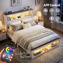 Load image into Gallery viewer, Artiss Double Bed Frame with Storage Bookcase Headboard and Footboard White Wooden Platform Bed with Charging Station and Led Light Bedroom Furniture