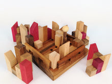 Load image into Gallery viewer, Brainteaser puzzle- City Planner brain teaser puzzle, wood, handmade 3D puzzle-remove shapes and try rebuild your city.