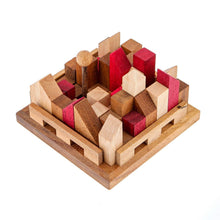 Load image into Gallery viewer, Brainteaser puzzle- City Planner brain teaser puzzle, wood, handmade 3D puzzle-remove shapes and try rebuild your city.
