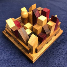 Load image into Gallery viewer, Brainteaser puzzle- City Planner brain teaser puzzle, wood, handmade 3D puzzle-remove shapes and try rebuild your city.