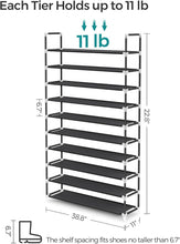 Load image into Gallery viewer, 10 Tier Metal Shoe Rack Non-Woven Fabric Shelves Holds up to 50 Pairs Black
