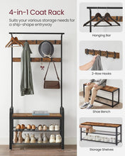 Load image into Gallery viewer, VASAGLE 4-in-1 Coat Rack with Shoe Bench and 9 Removable Hooks Rustic Brown and Black