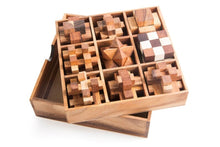 Load image into Gallery viewer, Wooden brain teaser puzzle gift box - 9 mechanical puzzle set in gift box.