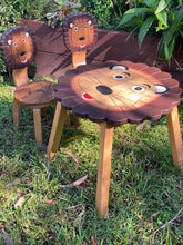 Load image into Gallery viewer, Kids Wooden Table + 2 Chairs Set Lion Design Carved Timber Children Furniture