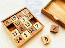 Load image into Gallery viewer, Slide 15 numbers sort brain teaser puzzle, wood, handmade 3D puzzle-sort the numbers in correct order