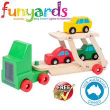 Load image into Gallery viewer, Wooden kids toy truck 6 wheel 28 cm Truck | Car Carrier with 3 Cars-plus movable tray NEW Pine.